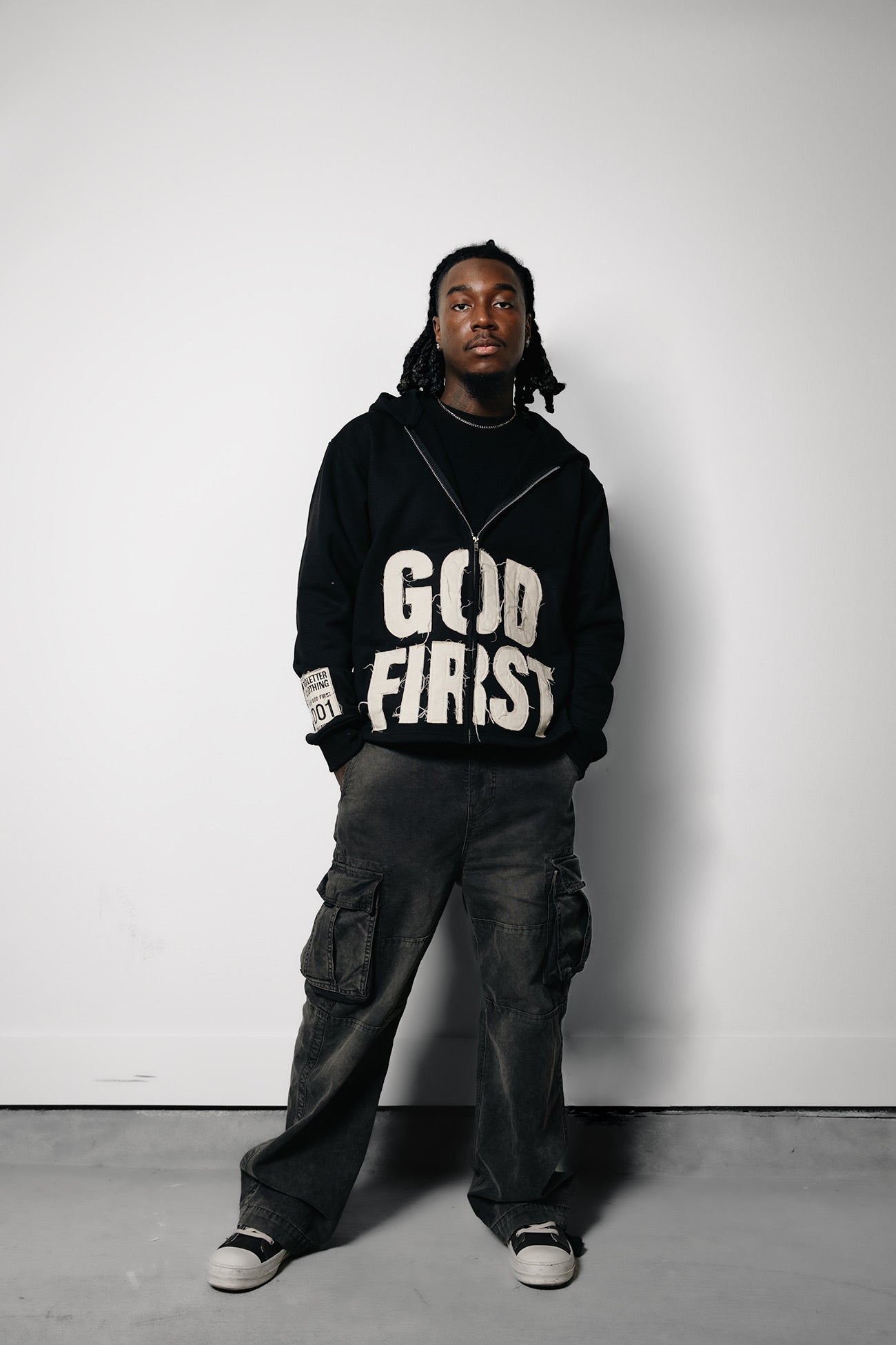 Distressed God First Zip Up- Black