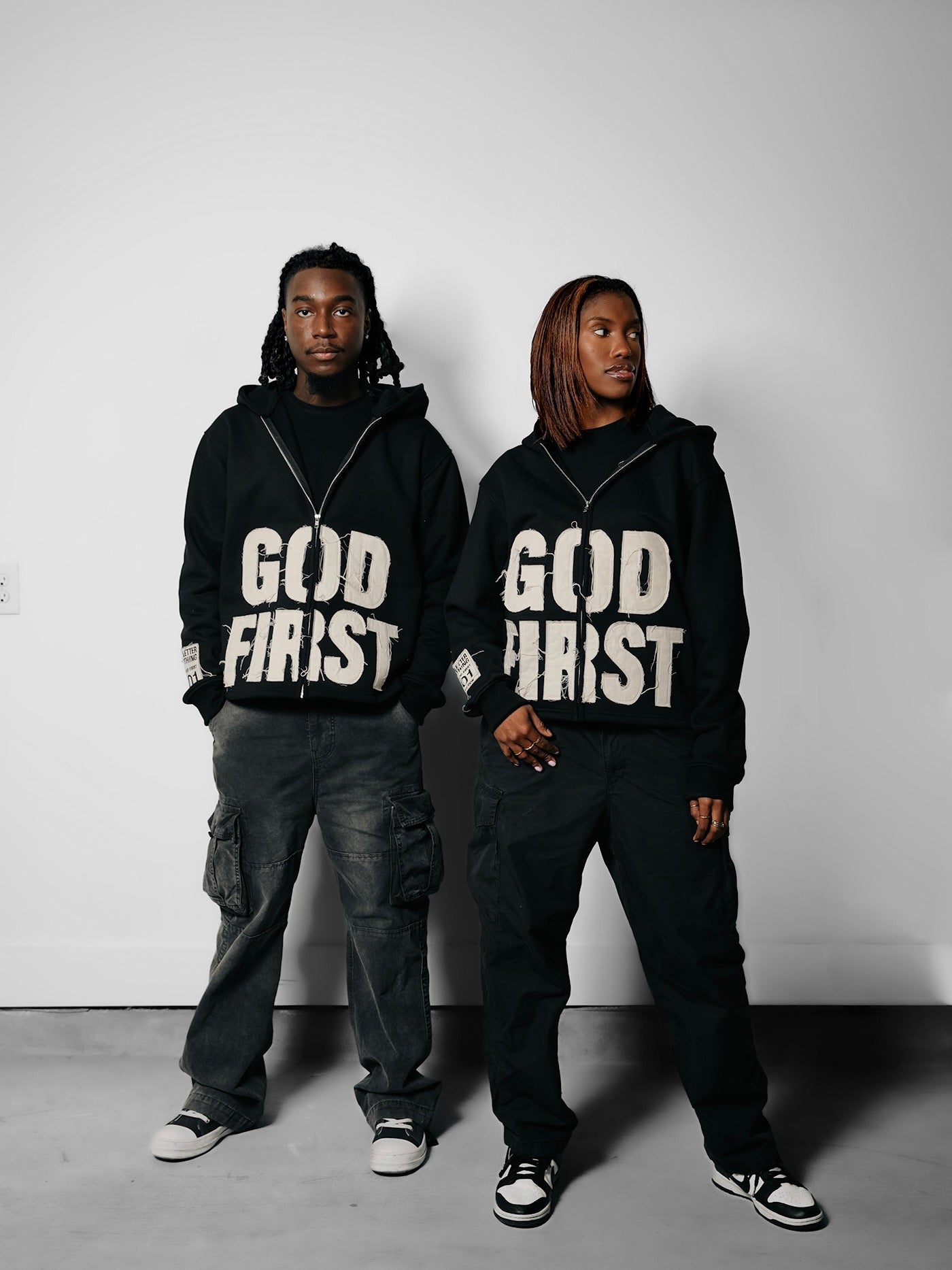 Distressed God First Zip Up- Black