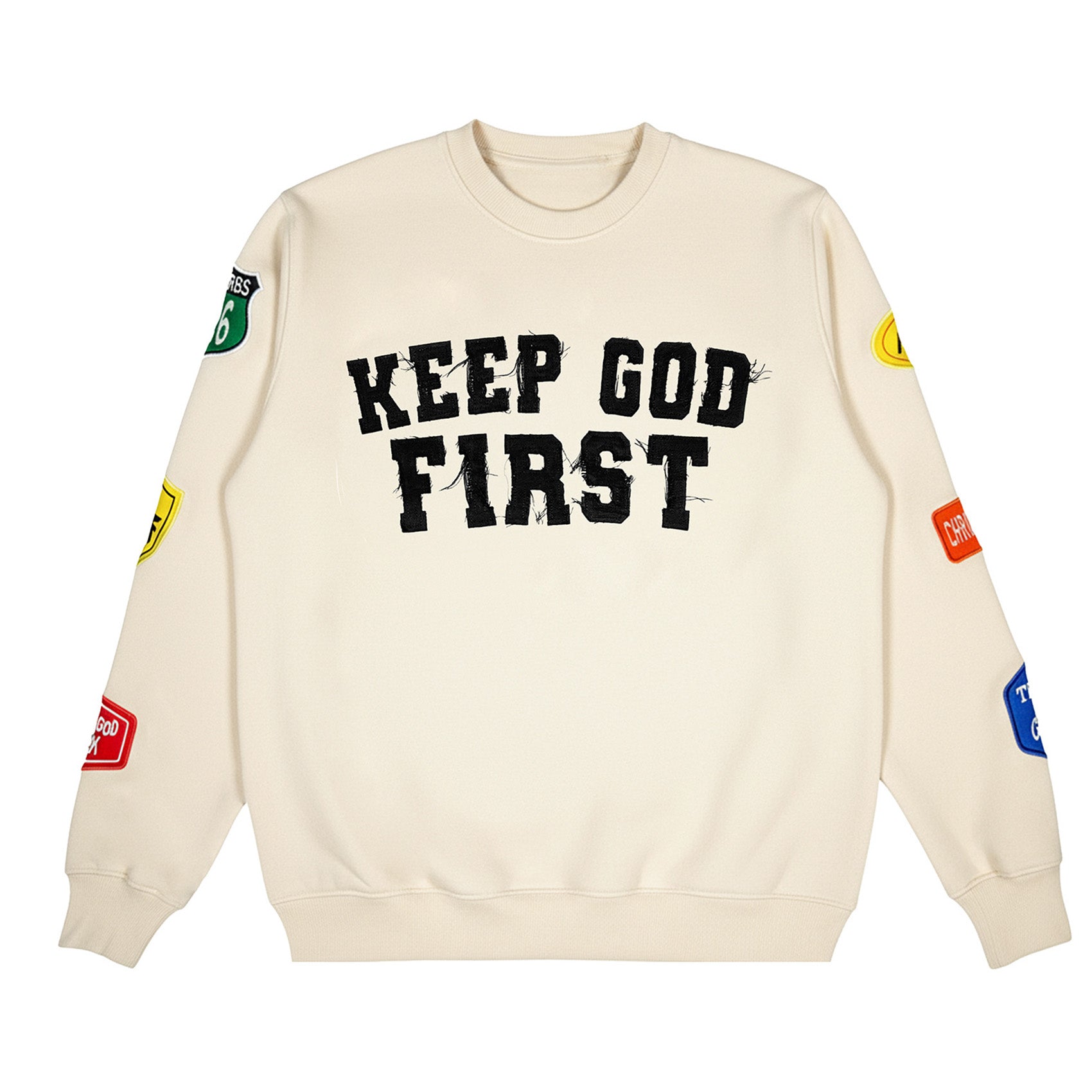 Keep God First Patchwork Crew - Cream