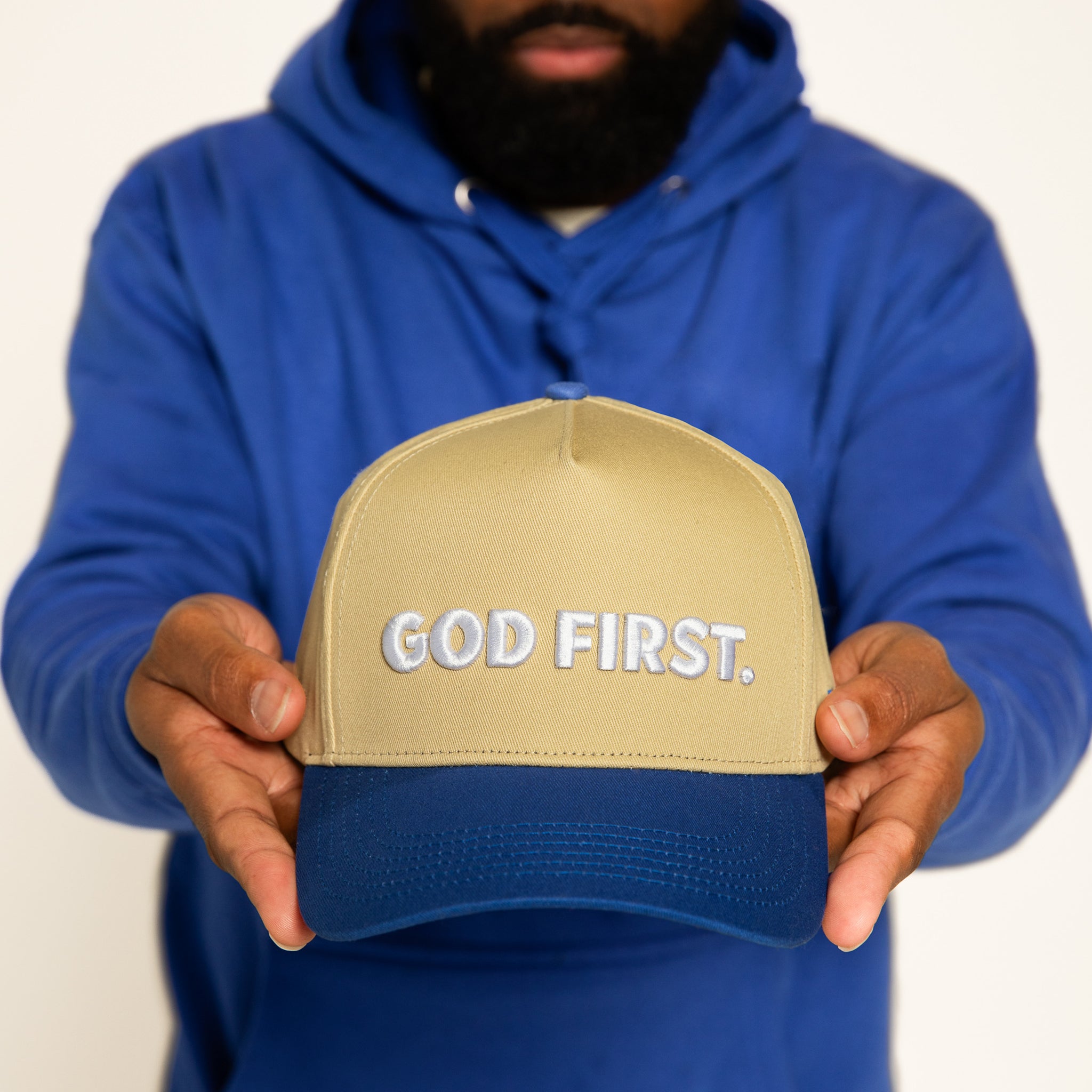 God First Curved Brim Hat- Blue and Khaki