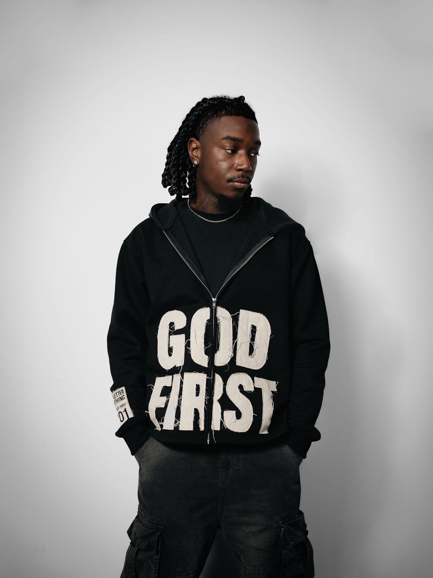 Distressed God First Zip Up- Black