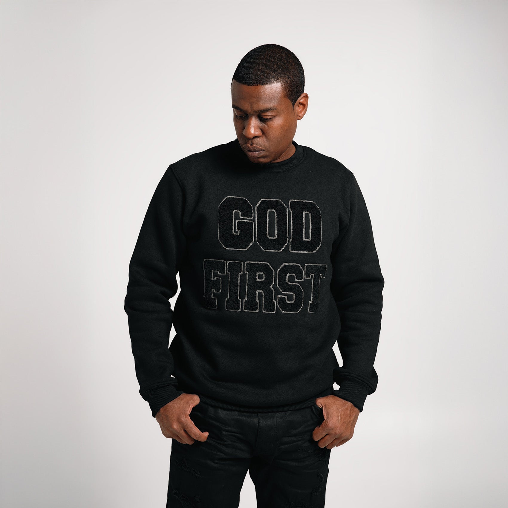 God First Chenille Crew- Black on Black
