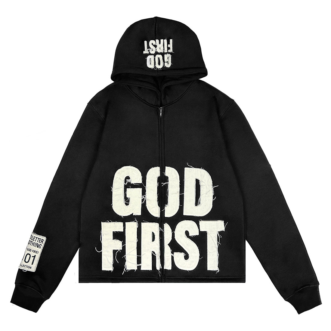 Distressed God First Zip Up- Black
