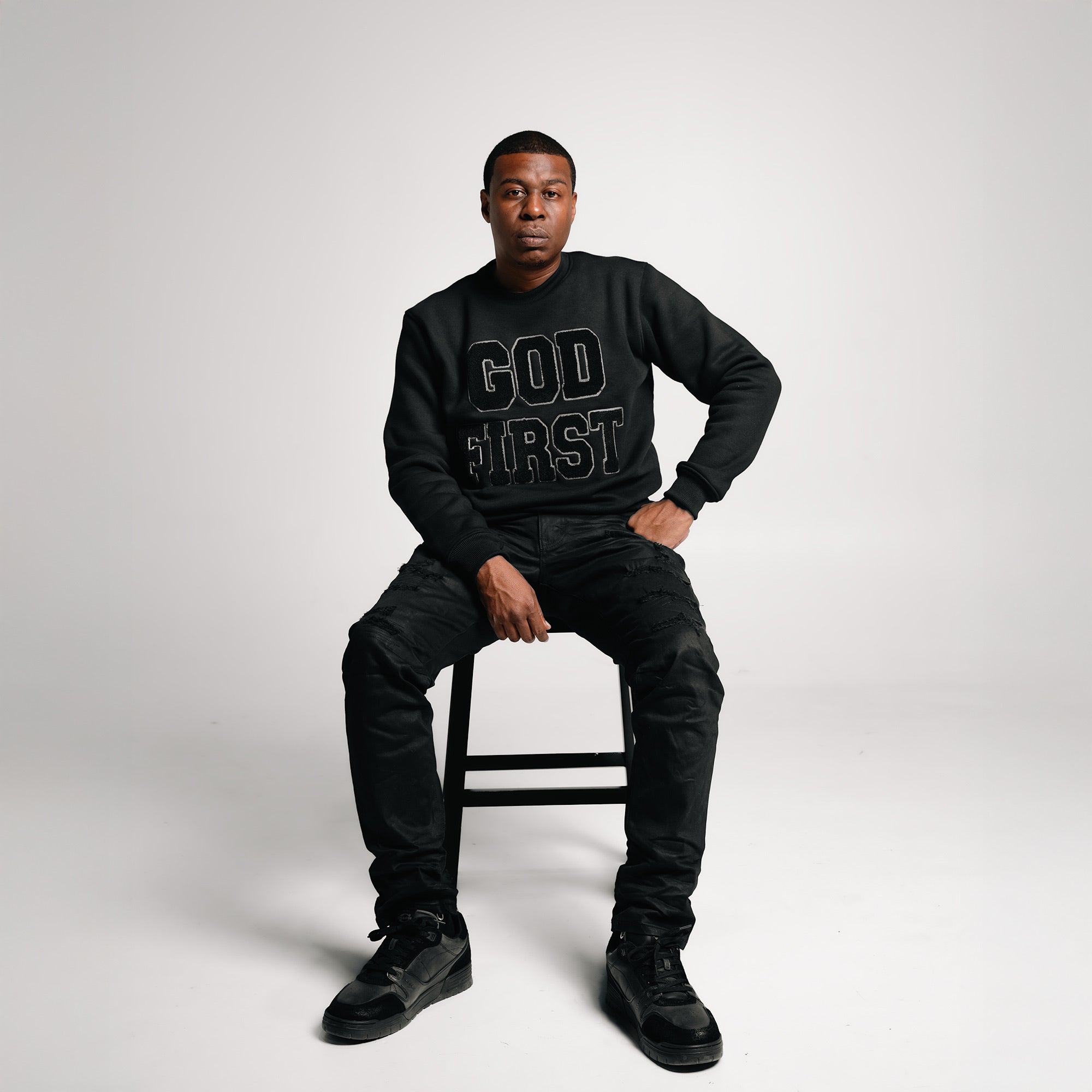 God First Chenille Crew- Black on Black