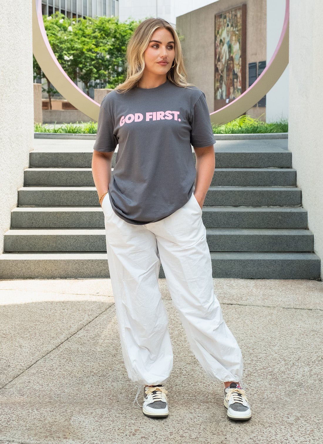 God First Crew Tee - Gray & Pink