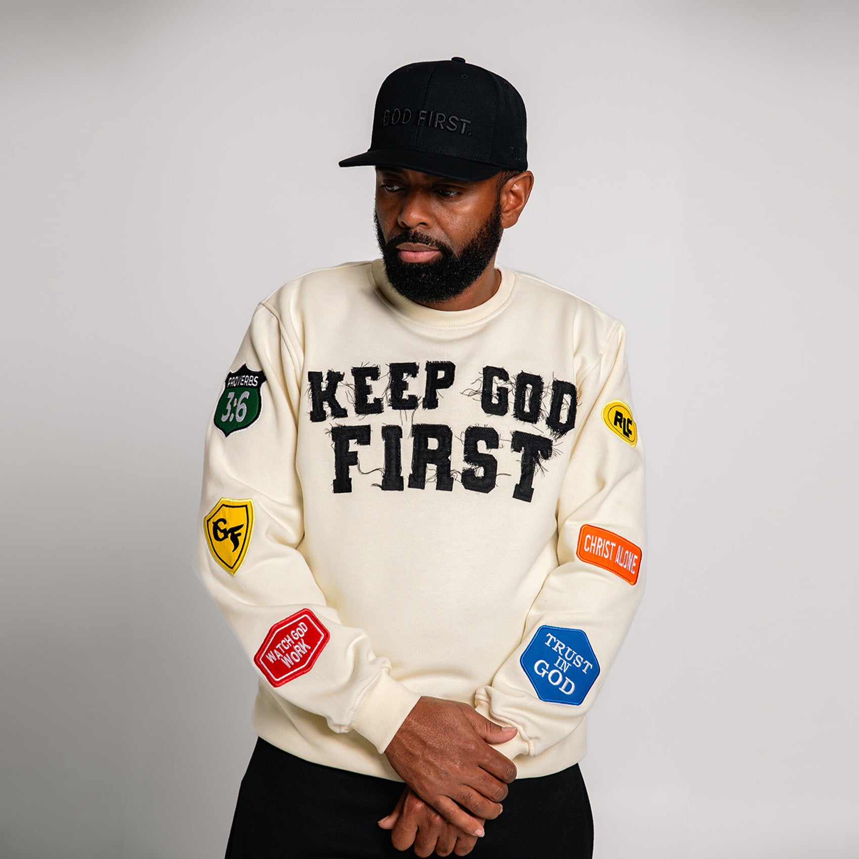 Keep God First Patchwork Crew - Cream