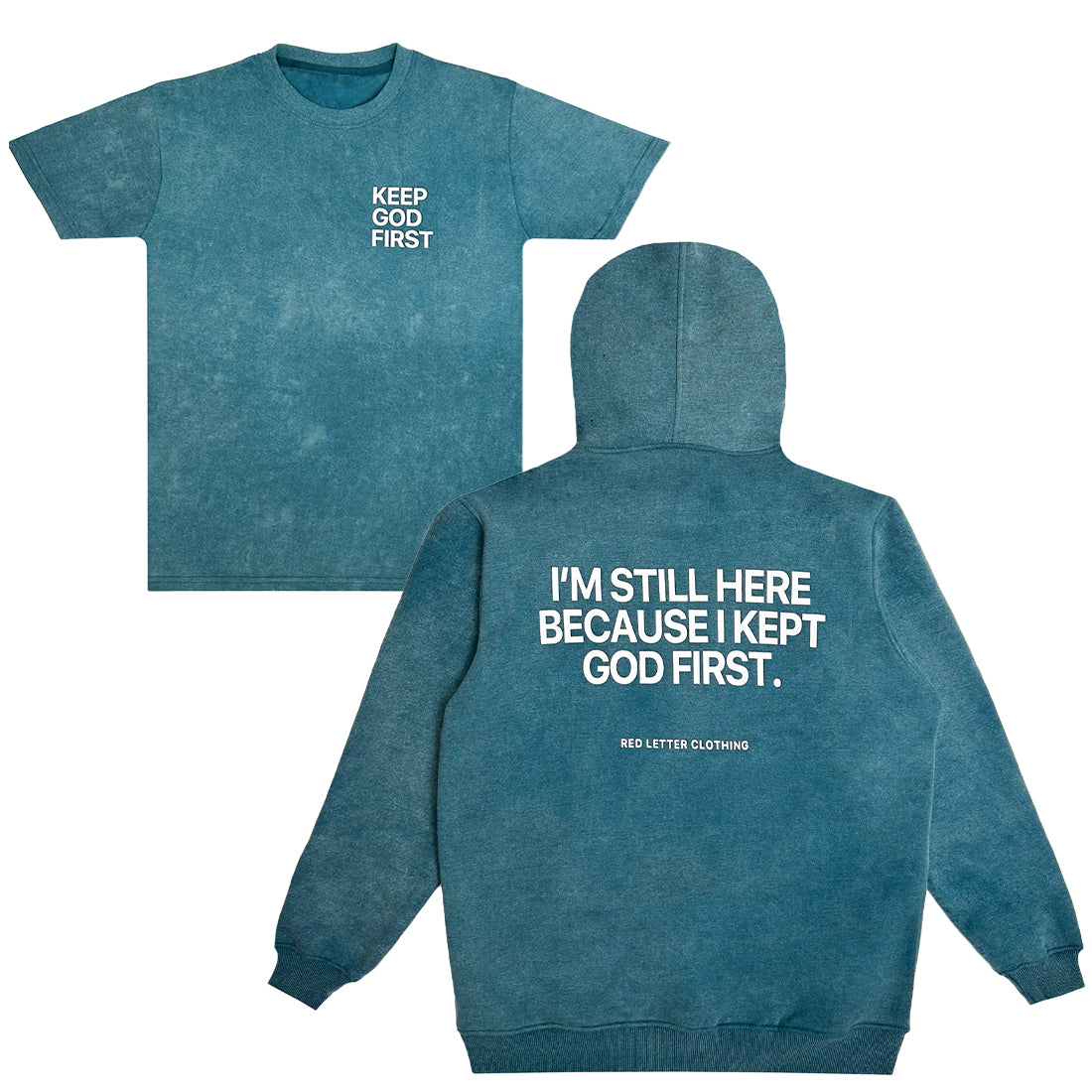 Blue Acid Wash Keep God First Hoodie + FREE Tee