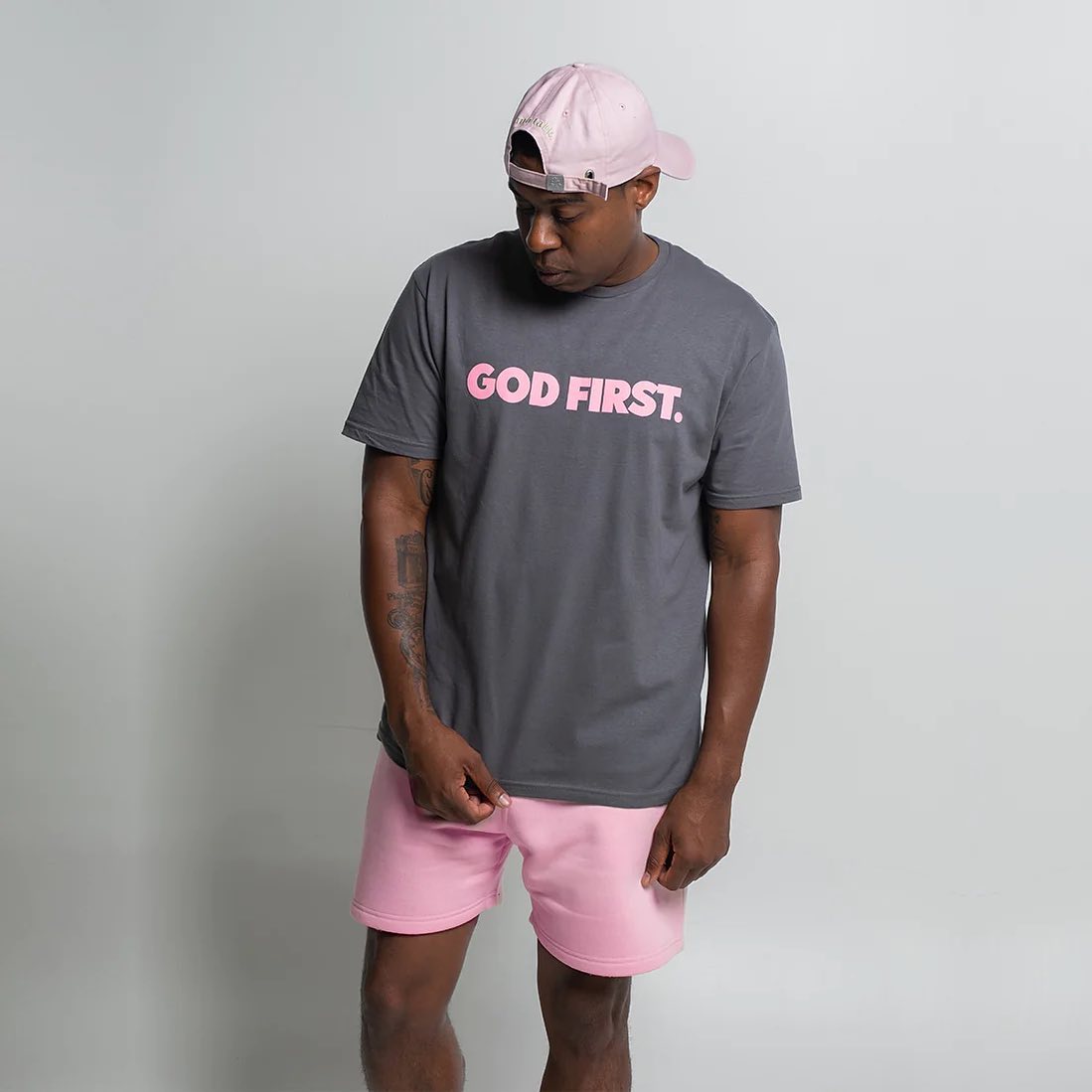 God First Crew Tee - Gray & Pink